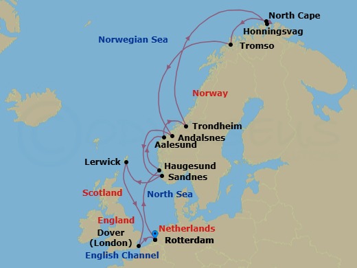 Route map: Rotterdam, The Netherlands → Haugesund, Norway → Alesund, Norway → Trondheim, Norway → Honningsvag, Norway → Tromso, Norway → Andalsnes, Norway → Sandnes (Stavanger), Norway → Lerwick, Shetland Islands, United Kingdom → Dover (London), England, UK