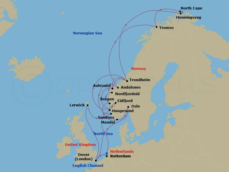 Route map: Rotterdam → Haugesund → Aalesund → Trondheim → Trondheimsfjord → Honningsvag → Lerwick, Shetland Islands, United Kingdom → Tromso → Andalsnes → Sandnes