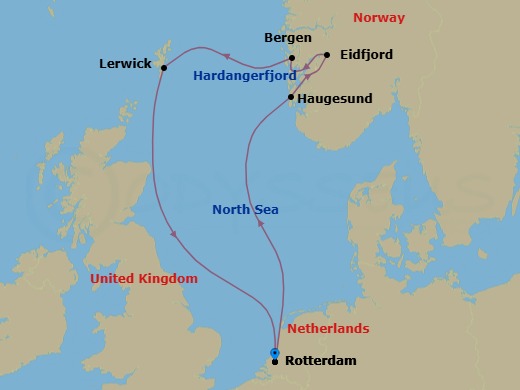 Route map: Rotterdam, The Netherlands → Haugesund, Norway → Eidfjord, Norway → Bergen, Norway → Lerwick, Shetland Islands, United Kingdom → Rotterdam, The Netherlands