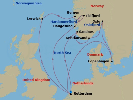 Route map: Rotterdam, The Netherlands → Haugesund, Norway → Eidfjord, Norway → Bergen, Norway → Lerwick, Shetland Islands, United Kingdom → Rotterdam, The Netherlands → Copenhagen, Denmark → Oslo, Norway → Kristiansand, Norway → Sandnes (Stavanger), Norway