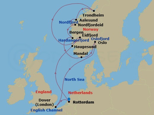 Route map: Rotterdam, The Netherlands → Haugesund, Norway → Eidfjord, Norway → Trondheim, Norway → Alesund, Norway → Nordfjordeid, Norway → Bergen, Norway → Mandal (Kristiansand), Norway → Oslo, Norway → Dover (London), England, UK