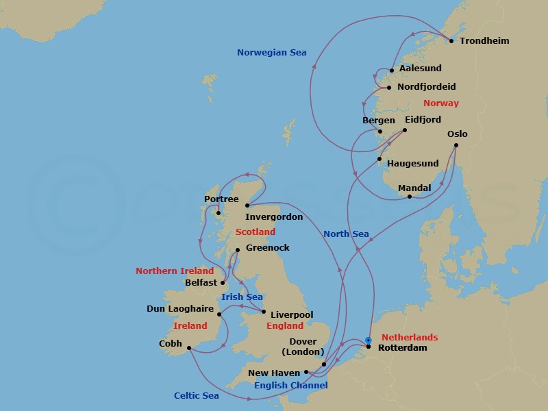 Route map: Rotterdam, The Netherlands → Haugesund, Norway → Eidfjord, Norway → Trondheim, Norway → Alesund, Norway → Nordfjordeid, Norway → Bergen, Norway → Mandal (Kristiansand), Norway → Oslo, Norway → Dover (London), England, UK