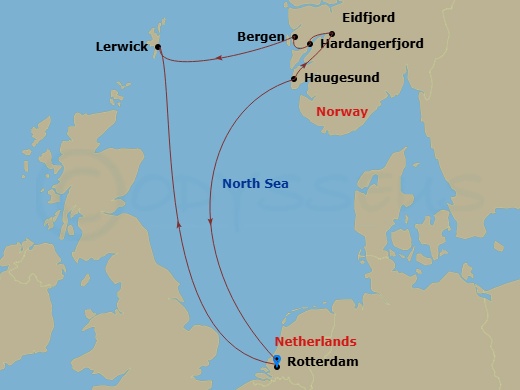 Route map: Rotterdam, The Netherlands → Haugesund, Norway → Eidfjord, Norway → Bergen, Norway → Lerwick, Shetland Islands, United Kingdom → Rotterdam, The Netherlands