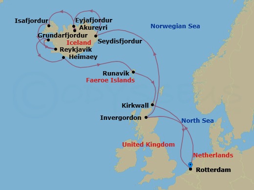 Route map: Rotterdam, The Netherlands → Invergordon (Inverness), Scotland, United Kingdom → Seydisfjordur, Iceland → Akureyri, Iceland → Isafjordur, Iceland → Reykjavik, Iceland → Grundarfjordur, Iceland → Heimaey, Westman Islands, Iceland → Runavik, Faroe Islands → Kirkwall, Scotland, United Kingdom