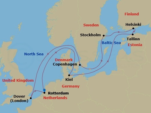 Route map: Rotterdam, The Netherlands → Kiel (Hamburg), Germany → Tallinn, Estonia → Helsinki, Finland → Stockholm, Sweden → Copenhagen, Denmark → Dover (London), England, UK → Rotterdam, The Netherlands