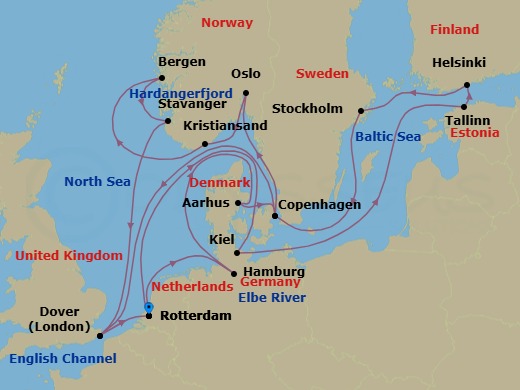 Route map: Rotterdam, The Netherlands → Kiel (Hamburg), Germany → Tallinn, Estonia → Helsinki, Finland → Stockholm, Sweden → Copenhagen, Denmark → Dover (London), England, UK → Rotterdam, The Netherlands → Hamburg, Germany → Aarhus, Denmark