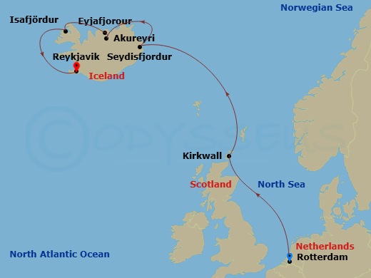 Route map: Rotterdam, The Netherlands → Kirkwall, Scotland, United Kingdom → Seydisfjordur, Iceland → Akureyri, Iceland → Isafjordur, Iceland → Reykjavik, Iceland