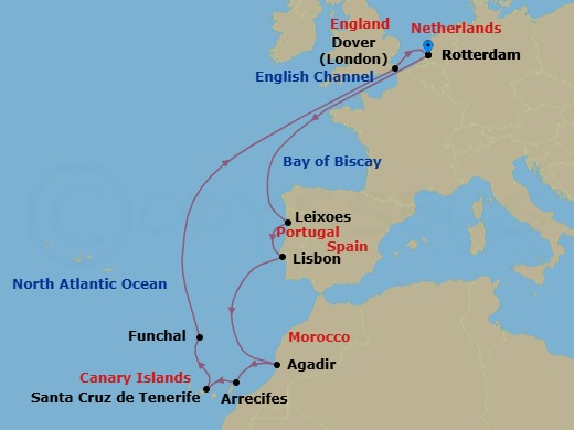 Route map: Rotterdam, The Netherlands → Leixoes (Porto), Portugal → Lisbon, Portugal → Agadir, Morocco → Arrecife, Lanzarote, Canary Islands, Spain → Santa Cruz (Tenerife), Canary Islands, Spain → Funchal (Madeira), Portugal → Dover (London), England, UK → Rotterdam, The Netherlands