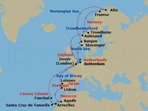 Route map: Rotterdam, The Netherlands → Leixoes (Porto), Portugal → Lisbon, Portugal → Agadir, Morocco → Arrecife, Lanzarote, Canary Islands, Spain → Santa Cruz (Tenerife), Canary Islands, Spain → Funchal (Madeira), Portugal → Dover (London), England, UK → Rotterdam, The Netherlands → Alesund, Norway