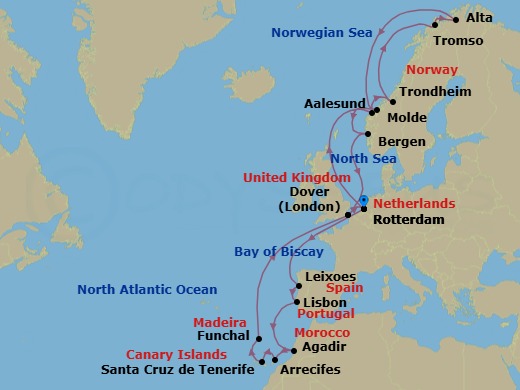 Route map: Rotterdam → Leixoes → Lisbon → Agadir → Arrecifes → Santa Cruz de Tenerife → Funchal → London (Dover) → Rotterdam → Aalesund