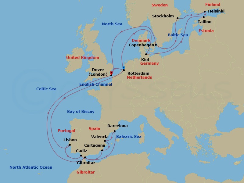 Route map: Rotterdam, The Netherlands → Lisbon, Portugal → Cadiz (Seville), Spain → Barcelona, Spain → Valencia, Spain → Cartagena, Spain → Gibraltar → Dover (London), England, UK → Rotterdam, The Netherlands → Kiel (Hamburg), Germany