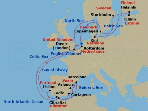 Route map: Rotterdam, The Netherlands → Lisbon, Portugal → Cadiz (Seville), Spain → Barcelona, Spain → Valencia, Spain → Cartagena, Spain → Gibraltar → Dover (London), England, UK → Rotterdam, The Netherlands → Kiel (Hamburg), Germany
