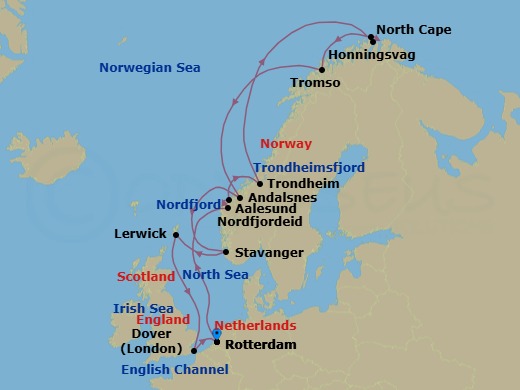 Route map: Rotterdam, The Netherlands → Nordfjordeid, Norway → Alesund, Norway → Trondheim, Norway → Honningsvag, Norway → Tromso, Norway → Andalsnes, Norway → Stavanger, Norway → Lerwick, Shetland Islands, United Kingdom → Dover (London), England, UK