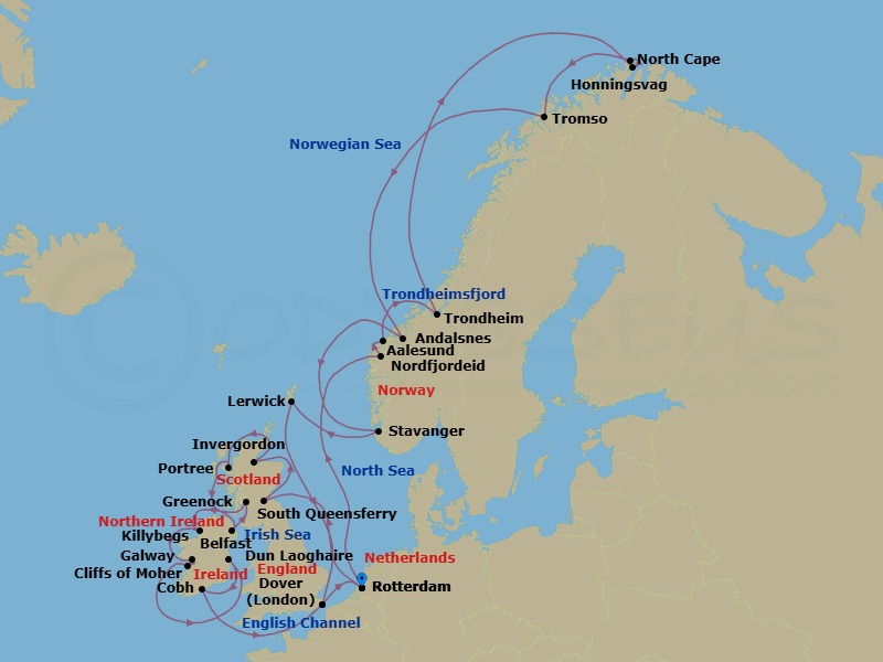 Route map: Rotterdam, The Netherlands → Nordfjordeid, Norway → Alesund, Norway → Trondheim, Norway → Honningsvag, Norway → Tromso, Norway → Andalsnes, Norway → Stavanger, Norway → Lerwick, Shetland Islands, United Kingdom → Dover (London), England, UK