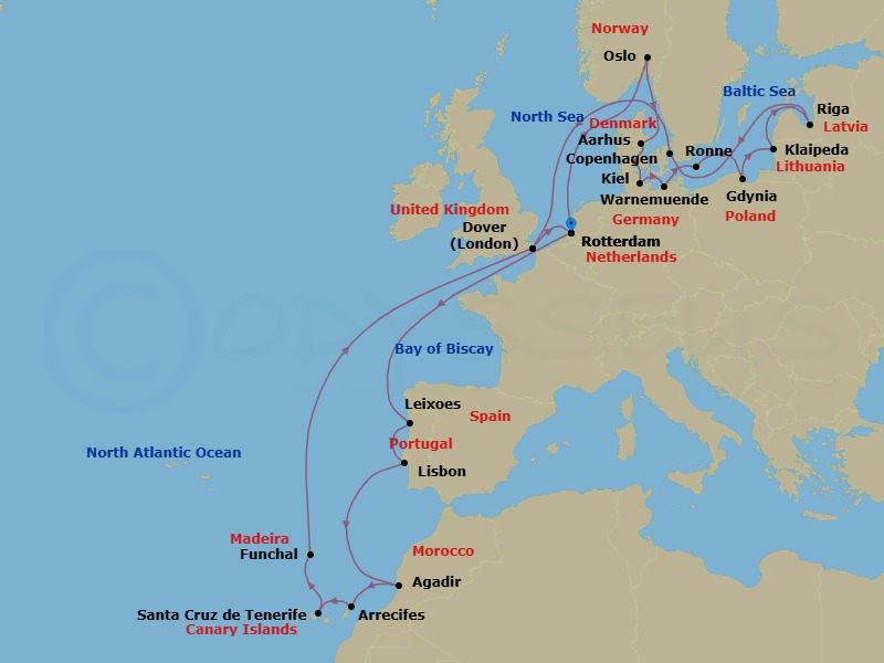 Route map: Rotterdam, The Netherlands → Oslo, Norway → Aarhus, Denmark → Kiel (Hamburg), Germany → Warnemunde (Berlin), Germany → Ronne (Bornholm), Denmark → Gdynia (Gdansk), Poland → Klaipeda, Lithuania → Riga, Latvia → Copenhagen, Denmark