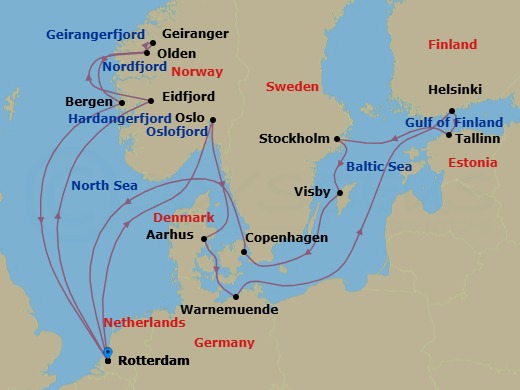 Route map: Rotterdam, The Netherlands → Oslo, Norway → Aarhus, Denmark → Warnemunde (Berlin), Germany → Helsinki, Finland → Tallinn, Estonia → Stockholm, Sweden → Visby, Gotland, Sweden → Copenhagen, Denmark → Rotterdam, The Netherlands