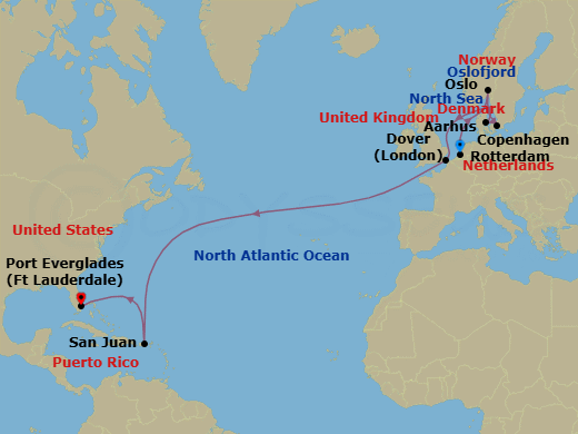 Route map: Rotterdam, The Netherlands → Oslo, Norway → Copenhagen, Denmark → Aarhus, Denmark → Dover (London), England, UK → San Juan, Puerto Rico → Fort Lauderdale, Florida, US