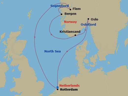 Route map: Rotterdam, The Netherlands → Oslo, Norway → Kristiansand, Norway → Bergen, Norway → Flam, Norway → Rotterdam, The Netherlands