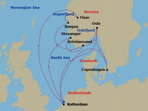 Route map: Rotterdam, The Netherlands → Oslo, Norway → Kristiansand, Norway → Bergen, Norway → Flam, Norway → Rotterdam, The Netherlands → Copenhagen, Denmark → Oslo, Norway → Kristiansand, Norway → Stavanger, Norway
