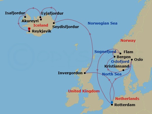 Route map: Rotterdam, The Netherlands → Oslo, Norway → Kristiansand, Norway → Bergen, Norway → Flam, Norway → Rotterdam, The Netherlands → Invergordon (Inverness), Scotland, United Kingdom → Seydisfjordur, Iceland → Akureyri, Iceland → Isafjordur, Iceland