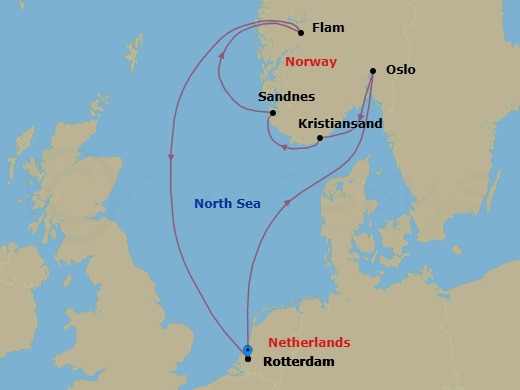 Route map: Rotterdam, The Netherlands → Oslo, Norway → Kristiansand, Norway → Sandnes (Stavanger), Norway → Flam, Norway → Rotterdam, The Netherlands
