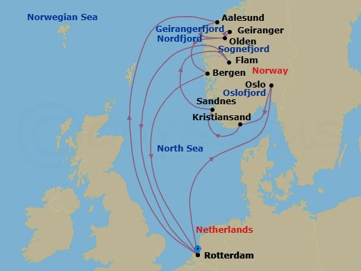 Route map: Rotterdam → Oslofjord → Oslo → Kristiansand → Sandnes → Sognefjord → Flam → Rotterdam → Aalesund → Olden