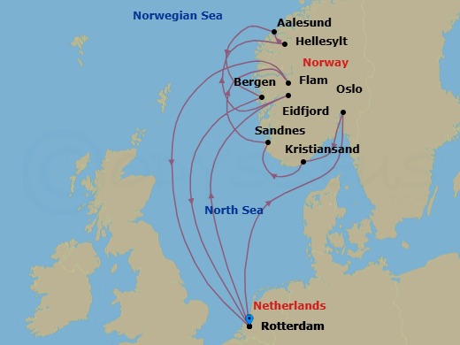 Route map: Rotterdam, The Netherlands → Oslo, Norway → Kristiansand, Norway → Sandnes (Stavanger), Norway → Flam, Norway → Rotterdam, The Netherlands → Eidfjord, Norway → Hellesylt, Norway → Alesund, Norway → Bergen, Norway