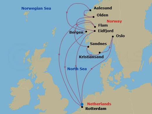 Route map: Rotterdam, The Netherlands → Oslo, Norway → Kristiansand, Norway → Sandnes (Stavanger), Norway → Flam, Norway → Rotterdam, The Netherlands → Eidfjord, Norway → Olden, Norway → Alesund, Norway → Bergen, Norway