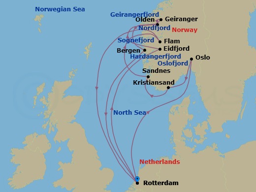 Route map: Rotterdam, The Netherlands → Oslo, Norway → Kristiansand, Norway → Sandnes (Stavanger), Norway → Flam, Norway → Rotterdam, The Netherlands → Eidfjord, Norway → Olden, Norway → Geiranger, Norway → Bergen, Norway
