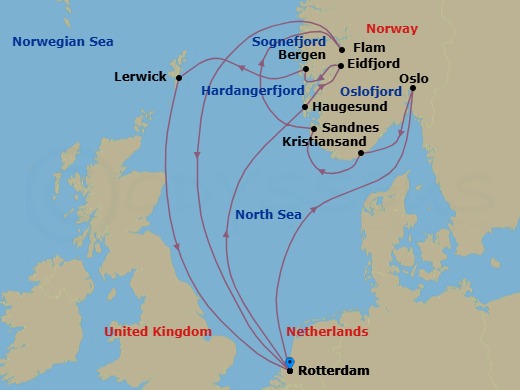 Route map: Rotterdam, The Netherlands → Oslo, Norway → Kristiansand, Norway → Sandnes (Stavanger), Norway → Flam, Norway → Rotterdam, The Netherlands → Haugesund, Norway → Eidfjord, Norway → Bergen, Norway → Lerwick, Shetland Islands, United Kingdom