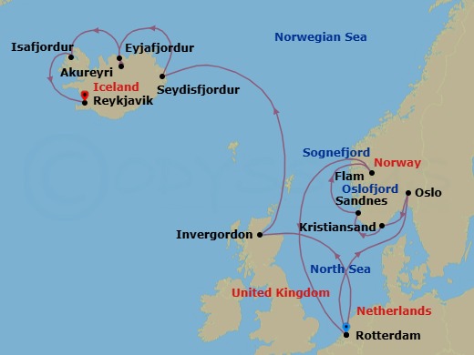Route map: Rotterdam, The Netherlands → Oslo, Norway → Kristiansand, Norway → Sandnes (Stavanger), Norway → Flam, Norway → Rotterdam, The Netherlands → Invergordon (Inverness), Scotland, United Kingdom → Seydisfjordur, Iceland → Akureyri, Iceland → Isafjordur, Iceland