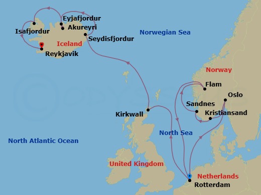 Route map: Rotterdam, The Netherlands → Oslo, Norway → Kristiansand, Norway → Sandnes (Stavanger), Norway → Flam, Norway → Rotterdam, The Netherlands → Kirkwall, Scotland, United Kingdom → Seydisfjordur, Iceland → Akureyri, Iceland → Isafjordur, Iceland