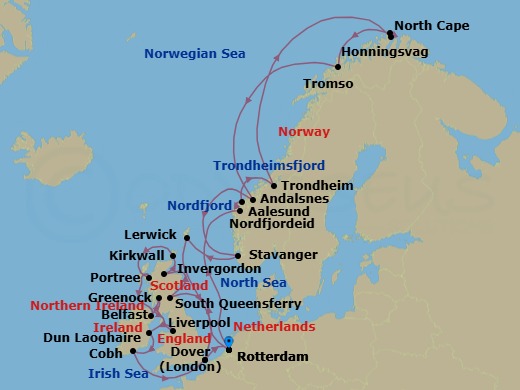 Route map: Rotterdam, The Netherlands → South Queensferry (Edinburgh), Scotland, United Kingdom → Invergordon (Inverness), Scotland, United Kingdom → Kirkwall, Scotland, United Kingdom → Portree (Isle of Skye), Scotland, United Kingdom → Belfast, Northern Ireland, United Kingdom → Greenock (Glasgow), Scotland, United Kingdom → Liverpool, England, United Kingdom → Dun Laoghaire (Dublin), Ireland → Cobh (Cork), Ireland