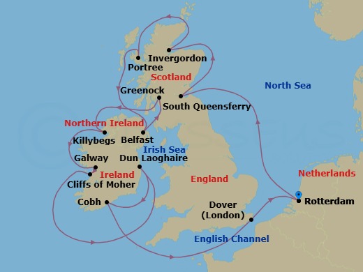 Route map: Rotterdam, The Netherlands → South Queensferry (Edinburgh), Scotland, United Kingdom → Invergordon (Inverness), Scotland, United Kingdom → Portree (Isle of Skye), Scotland, United Kingdom → Belfast, Northern Ireland, United Kingdom → Greenock (Glasgow), Scotland, United Kingdom → Killybegs, Donegal, Ireland → Galway, Ireland → Dun Laoghaire (Dublin), Ireland → Cobh (Cork), Ireland