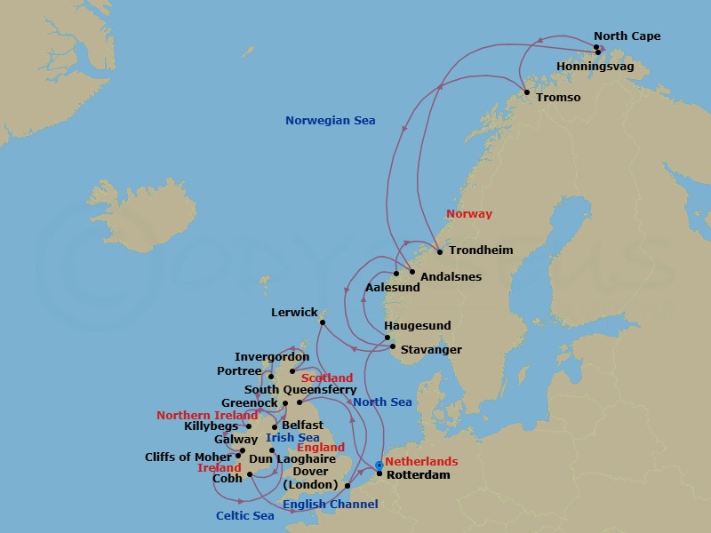 Route map: Rotterdam, The Netherlands → South Queensferry (Edinburgh), Scotland, United Kingdom → Invergordon (Inverness), Scotland, United Kingdom → Portree (Isle of Skye), Scotland, United Kingdom → Belfast, Northern Ireland, United Kingdom → Greenock (Glasgow), Scotland, United Kingdom → Killybegs, Donegal, Ireland → Galway, Ireland → Dun Laoghaire (Dublin), Ireland → Cobh (Cork), Ireland
