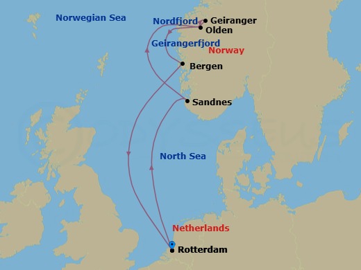 Route map: Rotterdam, The Netherlands → Sandnes (Stavanger), Norway → Olden, Norway → Geiranger, Norway → Bergen, Norway → Rotterdam, The Netherlands