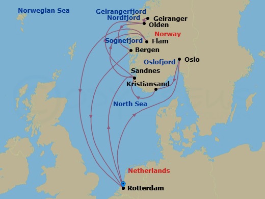 Route map: Rotterdam, The Netherlands → Sandnes (Stavanger), Norway → Olden, Norway → Geiranger, Norway → Bergen, Norway → Rotterdam, The Netherlands → Oslo, Norway → Kristiansand, Norway → Sandnes (Stavanger), Norway → Flam, Norway