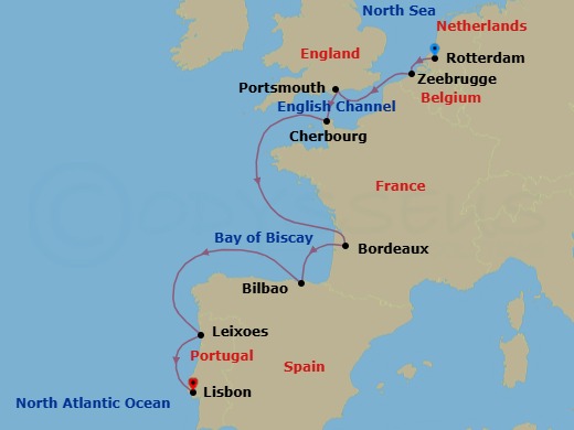 Route map: Rotterdam, The Netherlands → Zeebrugge (Brussels), Belgium → Portsmouth, England, UK → Cherbourg (Normandy), France → Le Verdon (Bordeaux), France → Bilbao, Spain → Leixoes (Porto), Portugal → Lisbon, Portugal