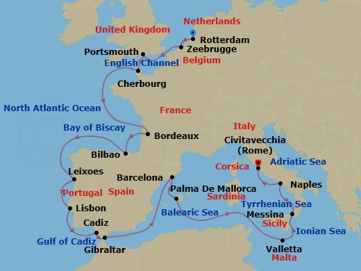 Route map: Rotterdam, The Netherlands → Zeebrugge (Brussels), Belgium → Portsmouth, England, UK → Cherbourg (Normandy), France → Le Verdon (Bordeaux), France → Bilbao, Spain → Leixoes (Porto), Portugal → Lisbon, Portugal → Cadiz (Seville), Spain → Gibraltar