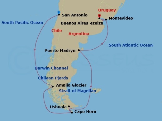 Route map: San Antonio (Santiago), Chile → Cruise Darwin Channel → Cruise Chilean Fjords → Cruise Amalia Glacier → Cruise Strait Of Magellan → Cruise Cape Horn → Ushuaia, Argentina → Puerto Madryn, Argentina → Montevideo, Uruguay → Buenos Aires, Argentina
