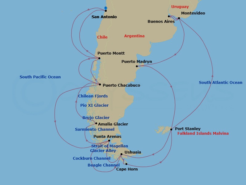 Route map: San Antonio (Santiago), Chile → Puerto Montt, Chile → Puerto Chacabuco, Chile → Pio XI Glacier (Bruggen Glacier), Chile → Punta Arenas, Chile → Ushuaia, Argentina → Stanley/Falkland Is/Islas Malvinas → Montevideo, Uruguay → Buenos Aires, Argentina → Montevideo, Uruguay