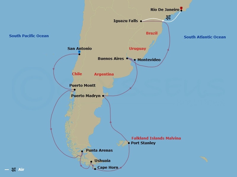 Route map: San Antonio (for Santiago), Chile → Puerto Montt, Chile → Punta Arenas, Chile → Beagle Channel Fjords & Glacier Alley, Chile → Ushuaia (Tierra del Fuego), Argentina → Falkland Islands (Stanley) → Puerto Madryn, Argentina → Montevideo, Uruguay → Buenos Aires, Argentina → Iguazu Falls, Brazil