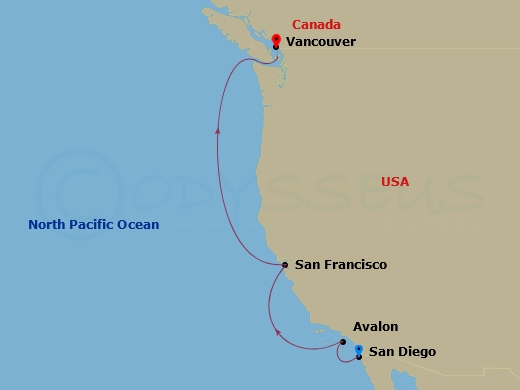 Route map: San Diego, California, US → San Francisco, California, US → Vancouver, B.C., CA