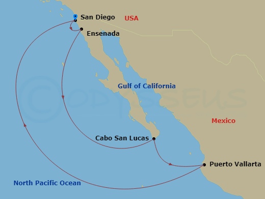 Route map: San Diego → Ensenada → Cabo San Lucas → Puerto Vallarta → San Diego