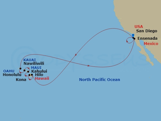 Route map: San Diego, California, US → Hilo, Hawaii, US → Kona, Hawaii, US → Kahului, Maui, US → Honolulu, Hawaii, US → Nawiliwili, Kauai, Hawaii, US → Ensenada, Mexico → San Diego, California, US