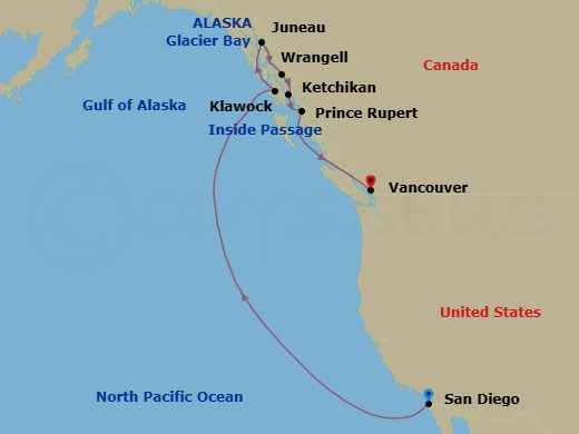 Route map: San Diego → Vancouver, British Columbia → Juneau → Glacier Bay → Wrangell → Ketchikan → Prince Rupert → Inside Passage → Vancouver