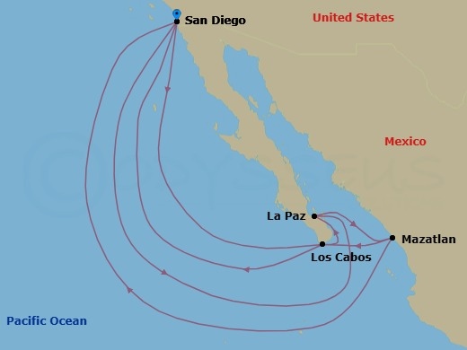 Route map: San Diego, California, US → Pichilingue (La Paz), Mexico → Mazatlan, Mexico → Cabo San Lucas, Mexico → San Diego, California, US → Cabo San Lucas, Mexico → Pichilingue (La Paz), Mexico → Mazatlan, Mexico → San Diego, California, US