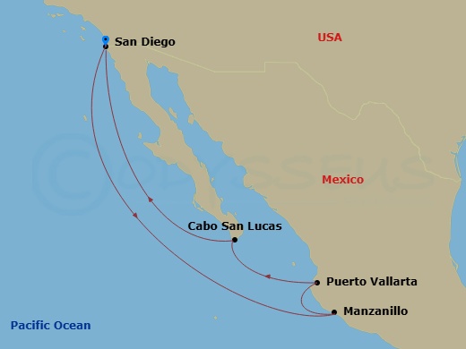 Route map: San Diego → Manzanillo → Puerto Vallarta → Mazatlan → Cabo San Lucas (Baja California Sur) → San Diego