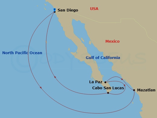 Route map: San Diego, California, US → Mazatlan, Mexico → Pichilingue (La Paz), Mexico → Cabo San Lucas, Mexico → San Diego, California, US