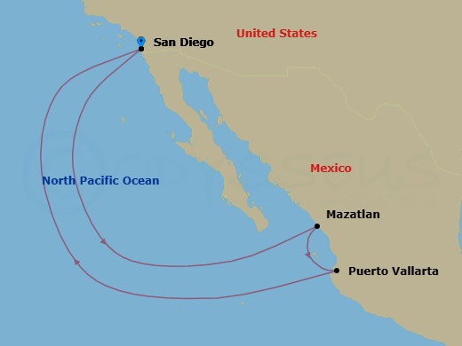 Route map: San Diego → Mazatlan → Puerto Vallarta → San Diego